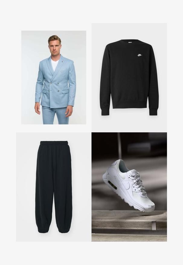 Lichtblauwe dubbelzijdige colbert gemaakt van gestructureerde stof, met twee knopen, zijzakken en een notch lapel ontwerp.; Zwarte sweatshirt met een ronde halslijn, lange mouwen en geribbelde manchetten. Heeft een klein wit Nike-logo op de borst. Zachte textuur.; Zwarte, elastiche sweatpants met een losse pasvorm, manchetten aan de enkels, een zachte textuur en zonder zichtbare patronen of hardwareaccenten.; Witte Nike Air Max 90 sneaker met een bovenwerk van mesh en leer, een geperforeerde teenbox en een zichtbare luchtunit in de hiel.