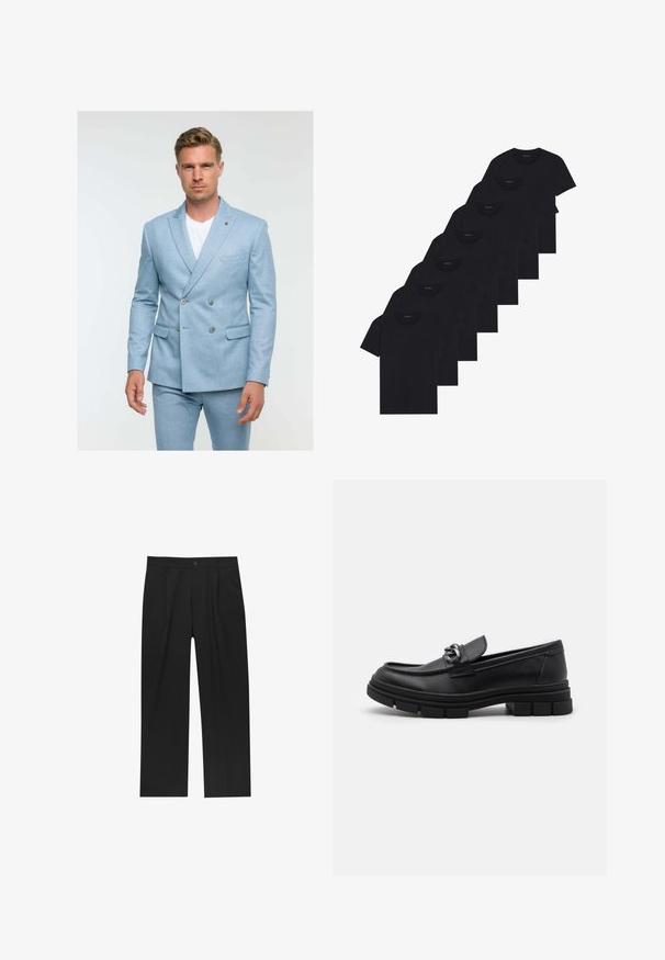Lyseblå dobbeltradet suitjakke lavet af tekstureret stof, med to knapper, sidelommer og en notch-lapel-design.; Sæt af otte sorte bomulds t-shirts med korte ærmer og rund hals, der har et enkelt design og en blød tekstur.; Sorte bukser med lige ben, lavet af et glat stof. Har frontfolder og en enkelt knaplukning i taljen.; Sort læderloafer med rund tå, en dekorativ rem og hardware, samt en chunky tekstureret sål. Glat finish med subtile detaljer.