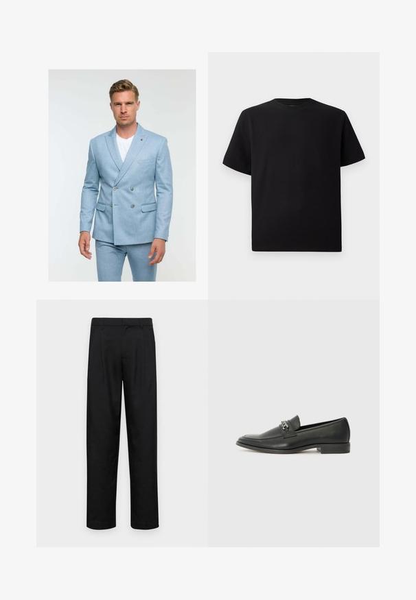 Svetlo modrý dvojradový sak vyrobený z textúrovanej tkaniny, s dvoma gombíkmi, bočnými vreckami a klopou so zárezom.; Čierne tričko s krátkym rukávom vyrobené z textúrovanej látky, s okrúhlym výstrihom a voľným strihom. Jednoduché, bez vzorov alebo akcentov.; Čierne nohavice vyrobené z hladkej tkaniny, s rovnými nohavicami, dvoma prednými skladmi a štandardným pásom s pútkami na opasok.; Čierne kožené loafers s hladkým povrchom, s prešitým dizajnom a dekoratívnym kovovým reťazovým akcentom cez priehlavok. Plochý podpätok.