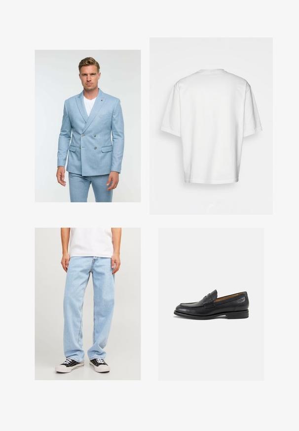 Lyseblå dobbeltradet suitjakke lavet af tekstureret stof, med to knapper, sidelommer og en notch-lapel-design.; Hvid kortærmet T-shirt, løstsiddende, rund halsudskæring, glat bomuldsstof, enkel ryg, lige kant, ingen mønstre eller detaljer.; Lyseblå denimjeans med en afslappet pasform, der har et lige ben-design og standard syning, kombineret med sorte sneakers.; Sorte læder loafers med en glat finish, rund tå og dekorativ syning på vampen. Lav stablet hæl og let glans.