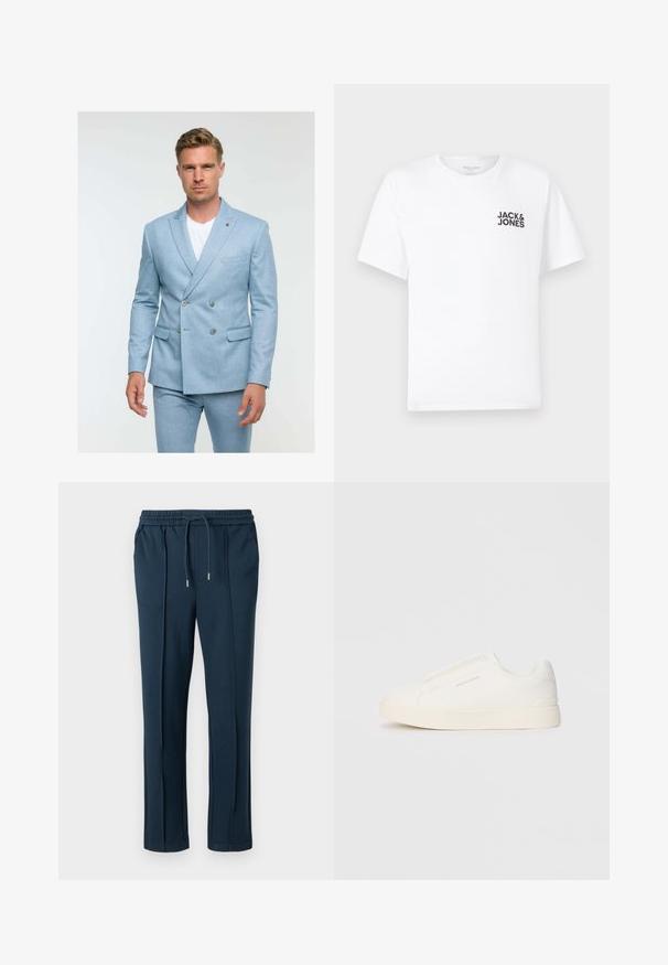Lyseblå dobbeltradet suitjakke lavet af tekstureret stof, med to knapper, sidelommer og en notch-lapel-design.; Hvid bomulds t-shirt, korte ærmer, rund hals. Har et sort tekstlogo "JACK & JONES" på venstre brystområde. Enkelt, ensartet design.; Marineblå bukser med elastisk talje og snoretræk. Har sidelommer og et lige ben-design med en glat tekstur.; Hvide slip-on sneakers med en struktureret overflade, en tyk sål og et minimalistisk design. Har brandlogoet på siden.