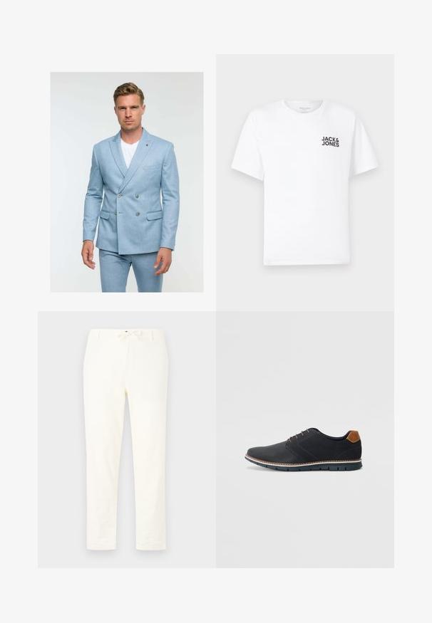 Lichtblauwe dubbelzijdige colbert gemaakt van gestructureerde stof, met twee knopen, zijzakken en een notch lapel ontwerp.; Witte katoenen t-shirt, korte mouwen, ronde hals. Kenmerkt zich door het zwarte tekstlogo "JACK & JONES" op de linkerkant van de borst. Eenvoudig, strak ontwerp.; Witte, lichtgewicht linnen broeken met een tailleband met trekkoord. Rechte pijpen, minimale textuur en geen zichtbare patronen of hardware details.; Zwarte synthetische schoenen met een gestructureerde bovenkant, gladde accenten, bruine hak en een contrasterende zool. Bevat minimale veters en stikdetails.