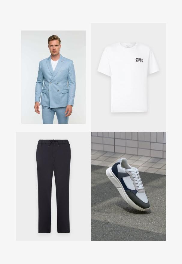 Sacou dublu cu nasturi, de culoare albastru deschis, fabricat dintr-un material texturat, cu două butoane, buzunare laterale și un design cu rever cu cut.; Trișor alb din bumbac, cu mâneci scurte și guler rotund. Prezintă un logo cu text negru "JACK & JONES" în zona stângă a pieptului. Design simplu, de bază.; Pantaloni sportivi negri, confecționați dintr-un material moale, cu un talie elastică, șnur ajustabil și croială dreptă. Fără modele sau embellismente vizibile.; Tenisi albi, bleumarin și gri, cu un design din materiale mixte, având un superior texturat, șireturi plate și o talpă căptușită.