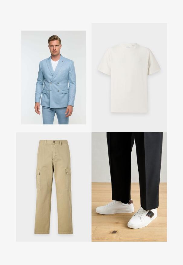 Vaaleansininen kaksirivinen puku takki, joka on valmistettu tekstuurikankaasta, varustettu kahdella napilla, sivutaskuilla ja lovikauluksella.; Valkoinen lyhythihainen T-paita ribbikuviossa. Pyöreä kaula-aukko, rento istuvuus, ei näkyviä kuvioita tai yksityiskohtia. Yksinkertainen ja monikäyttöinen muotoilu.; Beige cargo-housut, jotka on valmistettu puuvillasta, ja niissä on kaksi sivutaskua, napp Closure ja suorat lahkeet, joissa on hieman teksturoitu kangas.; Valkoiset tennarit, joissa on sileä pinta, ruskealla nahka-akentilla ja mustilla yksityiskohdilla, yhdistetty mustiin räätälöityihin housuihin. Taustalla puulattia.