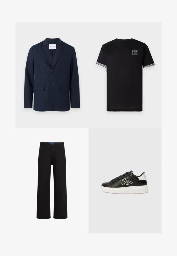 Blazer blu navy realizzato in tessuto liscio, con rever a punta, chiusura a due bottoni e due tasche frontali per maggiore praticità.; T-shirt in cotone nero con scollatura rotonda, maniche corte e dettagli a strisce bianche. Presenta un patch con logo quadrato sul petto.; Pantaloni neri a gamba dritta con chiusura a bottoni e zip, passanti per cintura e tasche laterali, presentati su uno sfondo bianco.; Sneaker nera in pelle con suola bianca, caratterizzata da un logo black and white, lacci piatti e una texture liscia. Design classico a metà caviglia.