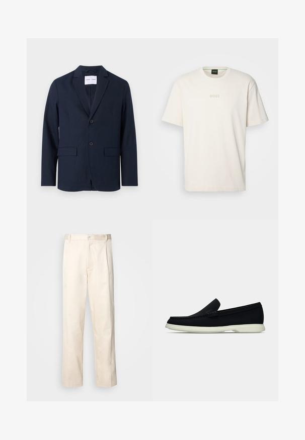 Tamsiai mėlynas švarkas, pagamintas iš lygaus audinio, su įpjovimu kriauklėje, dviejų mygtukų užtrauktuku ir dviem priekinėmis kišenėmis. ; BOSS TEE - Paprasti marškinėliai - open white; Bežinės medvilninės kelnės su tiesiu kirpimu, turinčios mygtuko uždarymą ir priekyje raukšles papildomai dekoratyviam akcentui.; Juodas slip-on avalynė su apvaliu pirštu, turintis tekstūruotą paviršių, lygią baltą platformą ir subtilų prekės ženklą šone.