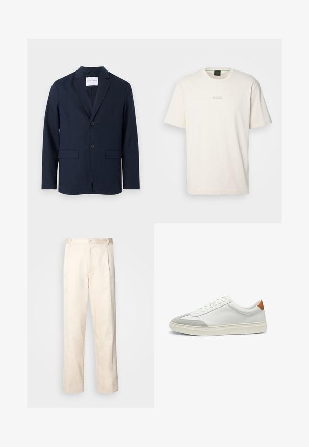 Navy blue blazer made of smooth fabric, featuring a notched lapel, two-button front, and two front pockets for utility.; BOSS TEE - Basic T-shirt - open white; Beige cotton trousers with a straight-leg cut, featuring a button closure and pleats at the front for added detail.; White leather sneakers with gray suede accents and a tan leather heel tab. Features a textured surface and lightweight sole.