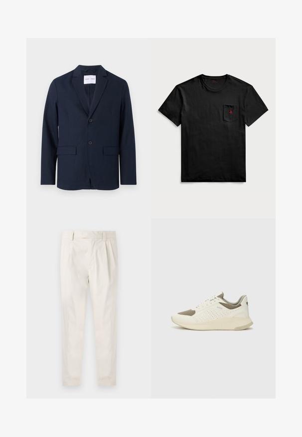 Námornícky modrý blejzer z hladké tkaniny, s klopovým límcem, dvouknoflíkovým zapínáním a dvěma předními kapsami pro praktičnost.; Černé bavlněné tričko s náprsní kapsou a červeně vyšívaným logem. Standardní kulatý výstřih a krátké rukávy s hladkým povrchem.; Bílé, plisované kalhoty s upraveným střihem, které mají hladkou texturu, poutka na opasek a zúžené nohavice. Bez viditelných kapes nebo vzorů.; Bílé a světle béžové atletické tenisky, které mají síťovaný svršek, perforované detaily a texturovanou mezipodešev s logem na patě.