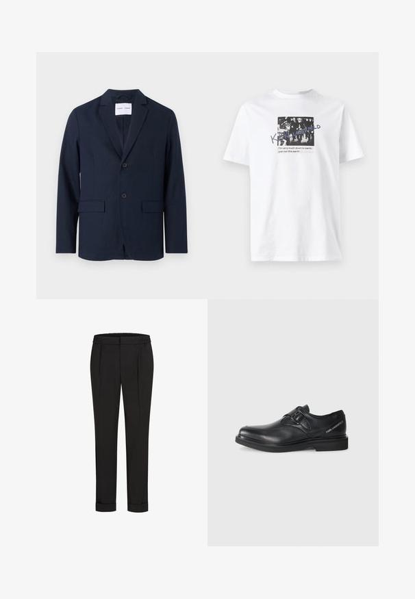 Mornarskoplavi sako od glatkog materijala, s reverom u obliku slova V, frontom na dva dugmeta i dva prednja džepa za praktičnost.; Bijela pamučna majica s kratkim rukavima koja ima crno-bijeli grafički dizajn s natpisom. Okrugli izrez.; Crne hlače s elastičnom trakom u struku, s ravnim krojem i zavrnutim rubovima. Napravljene od glatkog, tkanog materijala bez uzoraka.; Crne kožne cipele s okruglim vrhom, detaljem s jednom kopčom i ravnim gumennim đonom. Ima oznaku branda sa strane blizu pete.