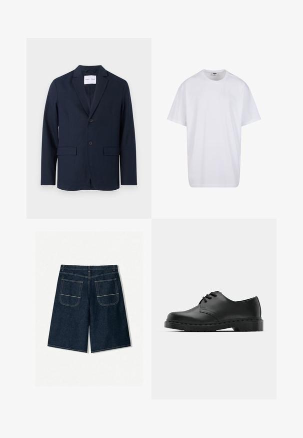 Blazer blu navy realizzato in tessuto liscio, con rever a punta, chiusura a due bottoni e due tasche frontali per maggiore praticità.; Maglietta bianca in cotone con maniche corte, scollatura rotonda, vestibilità comoda e senza loghi o motivi visibili. Texture liscia e design minimale.; Shorts in denim blu scuro con vestibilità ampia, dotati di due tasche posteriori con cuciture a contrasto. Taglio dritto e design alla lunghezza del ginocchio.; Scarpa oxford in pelle nera con design con lacci, punta arrotondata, suola piatta in gomma e dettagli di cucitura discreti lungo la parte superiore.
