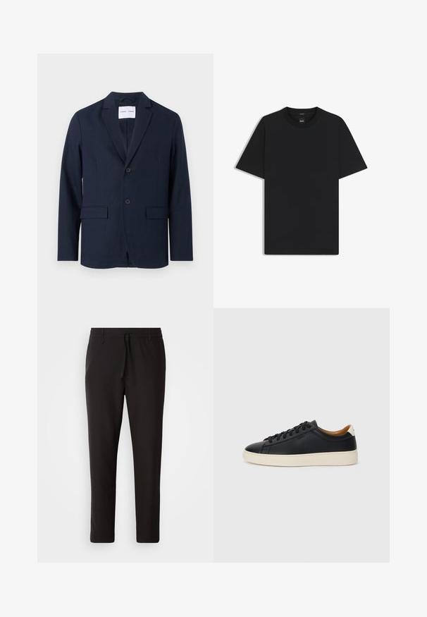 Navy blauwe blazer van gladde stof, met een gelapte revers, een twee-knopen front en twee frontzakken voor extra functionaliteit.; Zwarte korte mouwen T-shirt van een gladde katoenmix, met een ronde halslijn en een minimalistisch ontwerp zonder patronen of accenten.; Zwarte joggingsbroek van gladde stof. Kenmerkt zich door een elastische tailleband met een trekkoord, taps toelopende benen en geen zichtbare zakken. Eenvoudig ontwerp.; Zwarte leren sneakers met een gladde textuur, beige rubberen zool, vetersluiting en een contrasterende hielaccent.