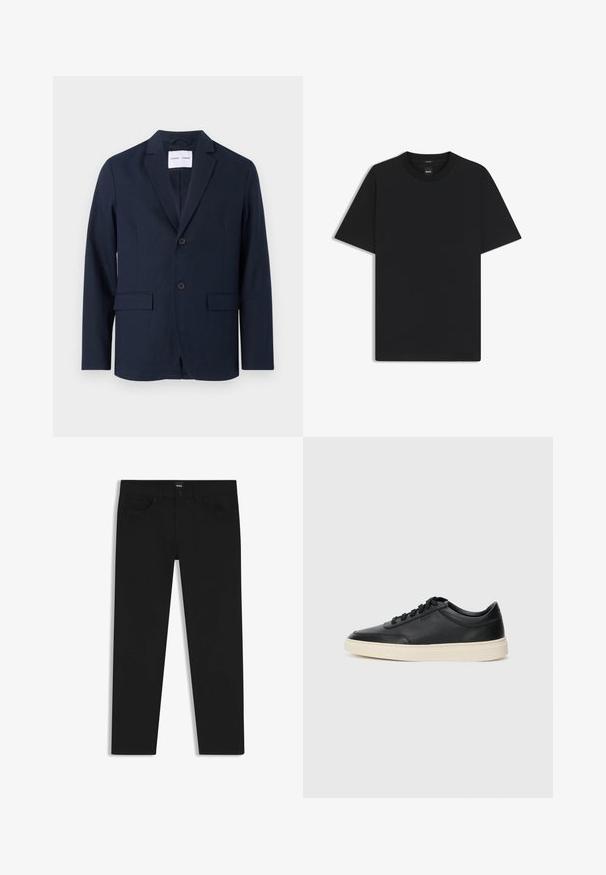 Navy blauwe blazer van gladde stof, met een gelapte revers, een twee-knopen front en twee frontzakken voor extra functionaliteit.; Zwarte korte mouwen T-shirt van een gladde katoenmix, met een ronde halslijn en een minimalistisch ontwerp zonder patronen of accenten.; Zwarte denim broek met een rechte snit, voorzien van een standaard tailleband, vijf zakken en een knoopsluiting. Gladde textuur overal.; Zwarte leren sneaker met lage schacht, zwarte veters en off-white zool, weergegeven in zijprofiel op een witte achtergrond.