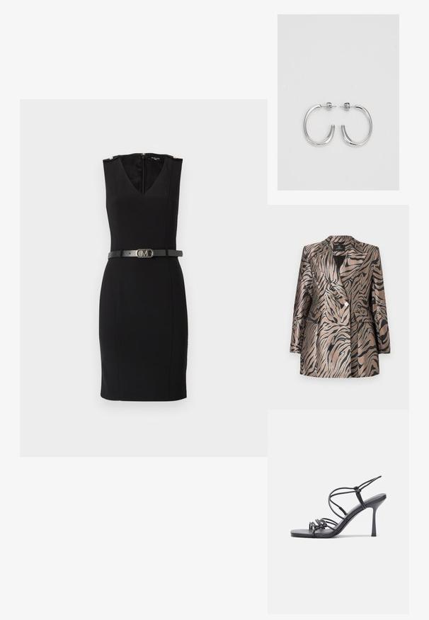 Metāliski bronzas žakete ar melniem zebru svītriem, kurai ir divu rindu pogas, izgriezta kakla daļa un divas priekšējās kabatas.; Melnā pieguļošā kleita ar V veida kakla izgriezumu, bez piedurknēm, ar zelta plecu akcentiem un sašutu melnu jostu ar metālisku sprādzi.; Melnas augstpapēžu sandales ar plāniem siksniņām un mezgla dizainu, gluda kvadrātveida purngalu un elegantu stiletto papēdi.; Gaiši pelēka metāla rokassoma ar ķēdes siksnu, rotāta ar mazām apaļām metāla kniedēm un trīsstūra zīmola logo.; Sudraba riņķveida auskari ar gludu, spīdīgu apdari. Apaļas formas, viegla dizaina, ar aizdari uz stieples.