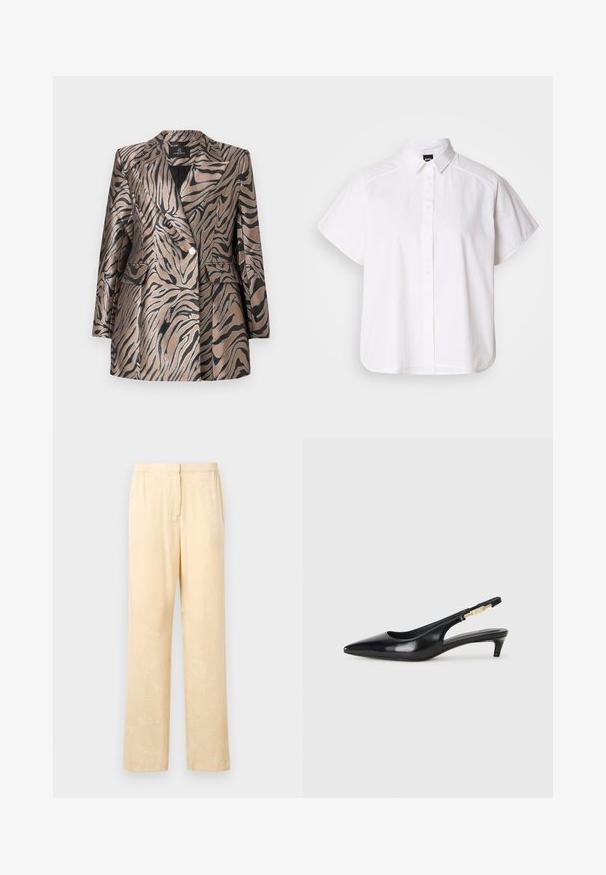 Blazer en bronze métallisé avec des rayures zèbres noires, présentant un design à double boutonnage, un col cranté et deux poches à l'avant.; Chemise blanche à manches courtes, à boutons, avec un col pointu et un ourlet arrondi. Fabriquée en coton, elle possède une texture lisse et sans motifs visibles.; Pantalons lâches de couleur jaune clair avec un motif de feuilles subtil. Dotés d'une taille élastique et d'une coupe droite. Texture lisse.; Talons hauts en cuir noir avec un bout pointu, dotés d'un talon fin et d'un accent en ton or sur la lanière réglable. Texture lisse.