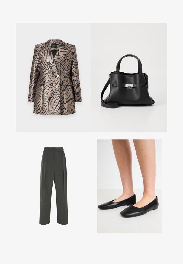 Blazer in bronzo metallico con strisce zebrate nere, caratterizzato da un design doppiopetto, colletto a reverse e due tasche frontali.; Canotta nera a costine con spalla scoperta, dal design aderente e texture morbida. Presenta un taglio pulito e minimal e un collare liscio.; Pantaloni grigi su misura con vita alta, caratterizzati da pieghe, un design a gamba ampia e una texture liscia. Chiusura con una cerniera discreta.; Ballerine nere in pelle liscia con punta arrotondata e suola bassa e piatta, dotate di un design slip-on e senza hardware visibile.; Borsa a tracolla in pelle nera con finitura textured, dotata di due manici superiori, una tracolla rimovibile e un dettagli di chiusura in argento.