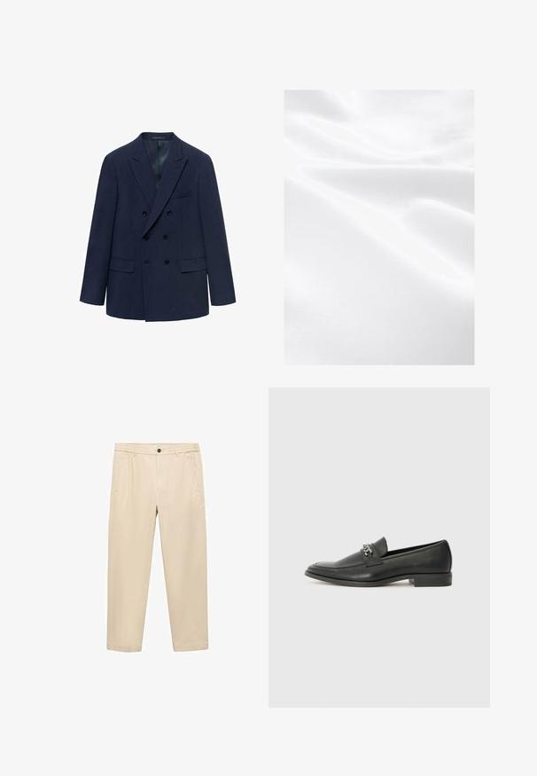 Tmavě modrý dvouřadý blejzr s špičatými klopami, dvěma předními kapsami a černými knoflíky; vyrobený z texturované tkaniny.; Bílá látka s hladkou texturou, zobrazující záhyby a jemný lesk, což naznačuje lehký a měkký materiál.; Bežové, volné kalhoty vyrobené z měkké tkaniny; mají elastický pas, přední kapsy a rovný střih nohavic.; Černé kožené mokasíny s hladkým povrchem, s prošívaným designem a dekoračním kovovým řetízkem přes nárt. Plochý podpatek.