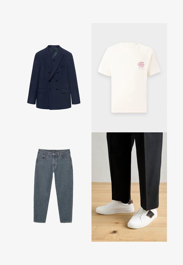 Tmavě modrý dvouřadý blejzr s špičatými klopami, dvěma předními kapsami a černými knoflíky; vyrobený z texturované tkaniny.; Bílý krátký rukávový tričko s červeným textem "Studio Originals Edition" na levé hrudi, vystavené na neutrálním šedém pozadí.; Tmavomodré džíny s volným střihem, designem pěti kapes, zapínáním na knoflík a mírně obroubenými okraji. Odolný materiál s jemnou texturou.; Bílé tenisky s hladkým povrchem, s hnědými koženými akcenty a černými detaily, kombinované s černými kalhotami na míru. Pozadí tvoří dřevěná podlaha.