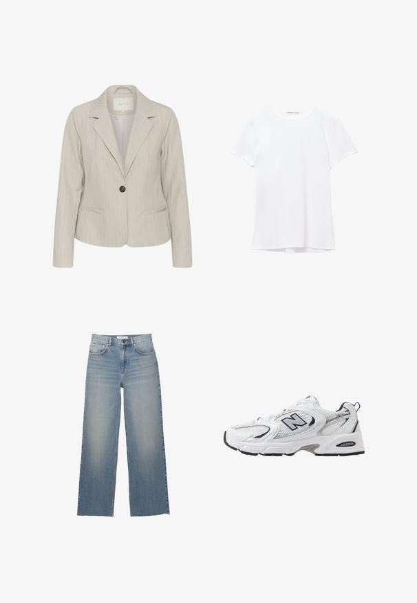 Lichtgrijze blazer met verticale strepen, enkele knoopsluiting, reverskraag en zijzakken. Gemaakt van een gladde stof met een getailleerde pasvorm.; Witte short-sleeve t-shirt van gladde stof, met een ronde halslijn en subtiele stiksels bij de zoom.; Lichtblauwe wijdleg jeans van denim, met een hoge taille, voorzakken en een knoopsluiting. Soepele textuur met vervaagde gebieden.; Witte sport schoen met mesh bovenkant, marineblauwe accenten en een gehoorzaamde zool. Bevat het "N" logo, veters en een gestructureerde detail aan de zijkant.