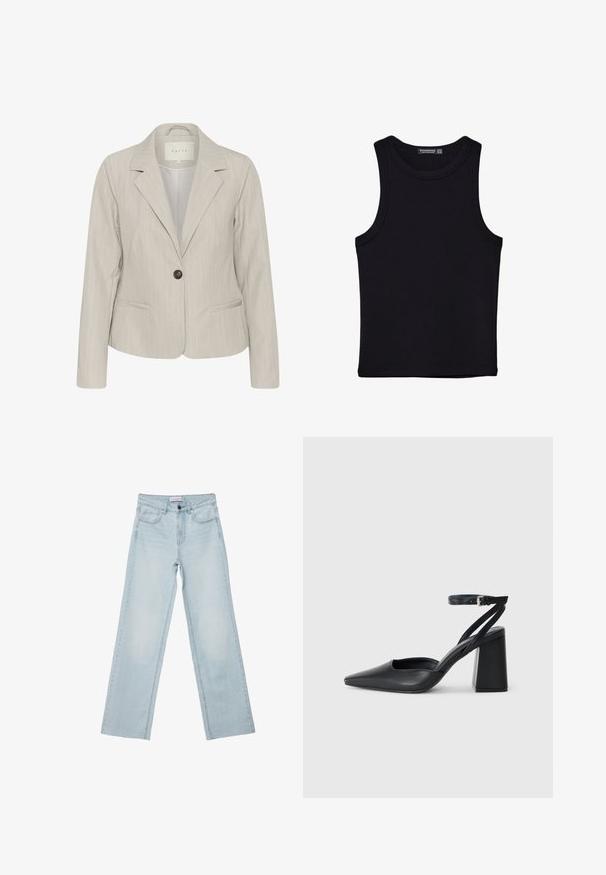 Blazer grigio chiaro con righe verticali, chiusura a un bottone, rever a punte e tasche laterali. Realizzato in tessuto liscio con vestibilità sartoriale.; Canotta nera in cotone, caratterizzata da un colletto rotondo e ampi giromanica. Texture liscia con orli cuciti. Design classico e minimalista.; Jeans a gamba larga di colore blu chiaro realizzati in denim. Presentano cinque tasche, un bottone sul davanti e dettagli sbiaditi. Taglio dritto classico con vestibilità ampia.; Pump in pelle nera con punta affusolata, cinturino alla caviglia e tacco spesso. Texture piatta, design elegante ed estetica minimalista.