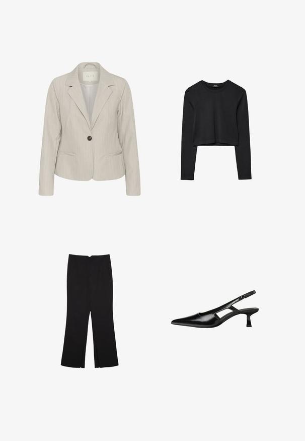 Lichtgrijze blazer met verticale strepen, enkele knoopsluiting, reverskraag en zijzakken. Gemaakt van een gladde stof met een getailleerde pasvorm.; Zwarte lange mouwen cropped top met ronde halslijn, eenvoudige ontwerp en een licht gebogen zoom.; Zwarte broek met een rechte pasvorm, voorzien van zijzakken en plooien aan de onderzijde. Gemaakt van zachte, gladde stof. Geschikt voor verschillende gelegenheden.; Zwarte gepatineerde leren slingback hakken met een puntige neus, uitsparing aan de zijkant en een kleine vierkante hak. Gladde textuur met minimale accenten.