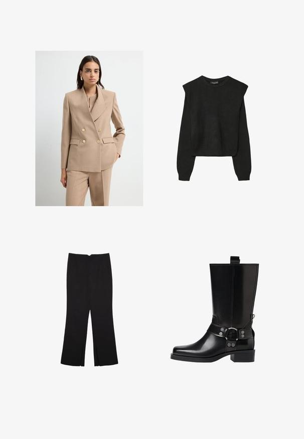 Beige dobbeltradet blazer med guldknapper og en struktureret pasform. Struktureret stof og spidse slag supplerer skræddersyede bukser.; Sort striktrøje med lange ærmer, polstrede skuldre og ribkantede manchetter og kant, vist mod en hvid baggrund.; Sorte bukser med lige pasform, der har frontlommer og slidser i kanten. Lavet af blødt, glat stof. Velegnet til forskellige anledninger.; Sort læderknæhøj støvle med spids tå, sølv spænde detaljer og en robust hæl. Har en trækflap for nem påtagning.