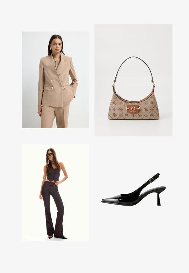Beige Doppelreiher-Blazer mit goldenen Knöpfen und einer strukturierten Passform. Texturiertes Material und Reverskragen ergänzen die maßgeschneiderte Hose.; Weißes Langarmtop mit einem Boot-Ausschnitt. Hergestellt aus weichem Material, zeichnet sich durch ausgestellte Ärmel und einen geraden Saum aus und bietet ein einfaches und vielseitiges Design.; Braun gestreifter, taillierter Weste und ausgestellter Hose, mit Knöpfen und strukturiertem Stoff. Schwarze Sandalen mit offenen Zehen und übergroße Sonnenbrille.; Schwarze Lackleder Slingback-Pumps mit spitzem Zeh, ausgeschnittenen Seiten, verstellbarem Knöchelriemen und einem dünnen, eleganten Absatz.; Beige Stofftasche mit braunen gemusterten Akzenten. Sie hat eine geschwungene Form, einen einzelnen Tragegurt und ein Logo-Schild an der Vorderseite mit silberner Hardware.