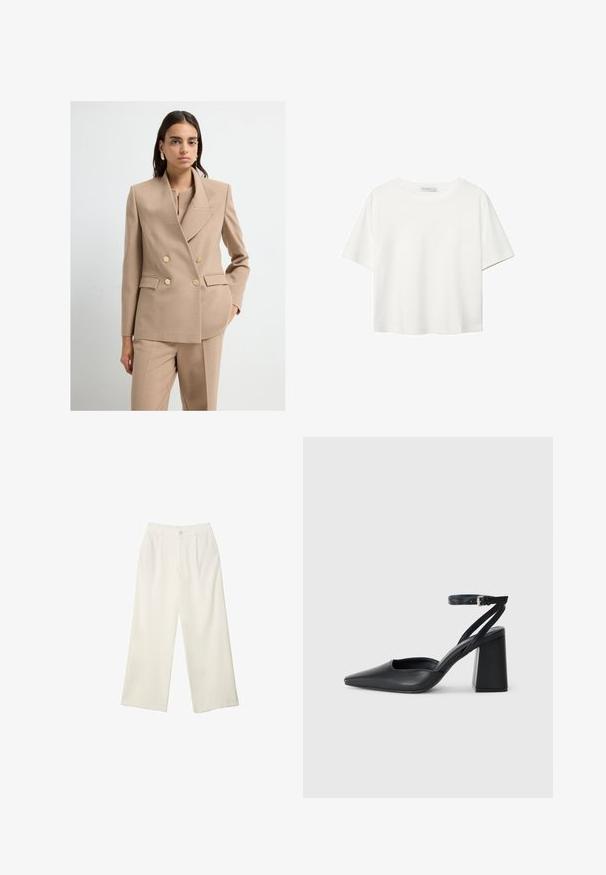 Blazer beige doppiopetto con bottoni dorati e una vestibilità strutturata. Tessuto testurizzato e rever a pistagna completano i pantaloni sartoriali.; T-shirt bianco a maniche corte realizzato in cotone. Presenta un collo tondo e una vestibilità rilassata. Texture liscia senza motivi o dettagli visibili.; Pantaloni a gamba larga in tessuto crema con una texture liscia, caratterizzati da un singolo bottone frontale, pieghe sottili e un design a vita alta.; Pump in pelle nera con punta affusolata, cinturino alla caviglia e tacco spesso. Texture piatta, design elegante ed estetica minimalista.