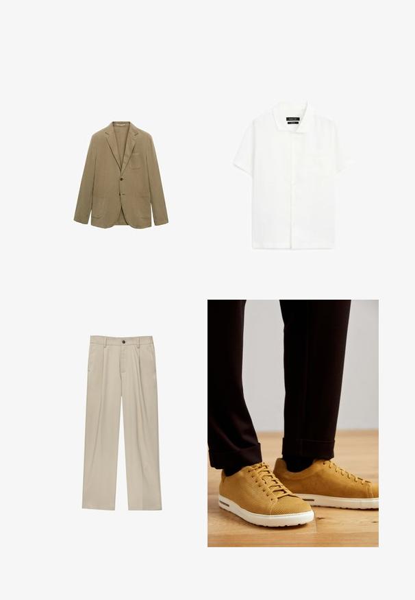 Beige bomullsblazer med slagkrage, enkel knäppning och två framfickor. Har en bröstficka och avslappnad passform.; Kortärmad vit skjorta i lätt material, med klassisk krage, knappknäppning och en bröstficka.; Beiga byxor med rak passform, utrustade med en enda svart knapp, bältesöglor och sidofickor. Slät tygkänsla och minimalistisk design.; Gula ribbade sneakers med vita sulor, featuring rund tå, snörning och texturerad yta, bärs med svarta uppvikta byxor på trägolv.