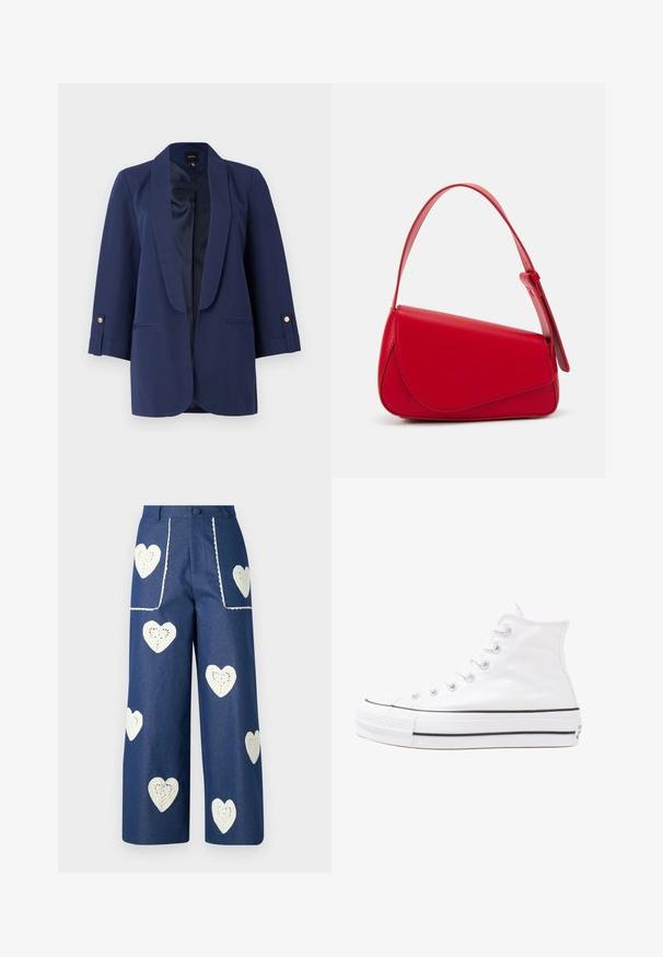 Tengerészblézer selyemkidobással, háromnegyedes ujjal, aranygombos díszítéssel és oldalzsebekkel. Sima textúra és testre szabott illeszkedés.; Virágmintás blúz hosszú puffos ujjakkal, világos krém alapon, lila, narancs és zöld virágmintázattal, klasszikus gallér dizájnnal.; Sister Jane HEART TO HEART - Egyenes szárú farmer - blue denim; Fehér magaskorsó vászon sportcipő fekete gumi talppal, elülső gumi orrnyereggel és hat fűzőlyukkal, letisztult, minimalista dizájnnal.; Piros bőr kézitáska szögletes, geometrikus kialakítással. Egy állítható pánttal és varrott részletekkel ellátott fedélzárral rendelkezik.