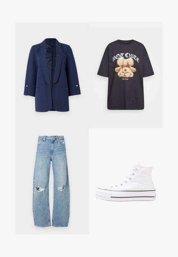 Blazer azul marino con solapa de satén, mangas de tres cuartos, detalles de botones dorados y bolsillos laterales. Textura suave y ajuste entallado.; Camiseta negra de gran tamaño con un gráfico de un oso y el texto "NO LINDO SINO SALVAJE" en letras blancas y en negrita. Material de algodón.; Vaqueros de mezclilla de tiro alto en azul claro. Tienen piernas anchas, dos áreas desgastadas en las rodillas y un estilo clásico de cinco bolsillos.; Zapatilla de lona alta blanca con suela de goma negra, puntera de goma frontal y seis ojetes para los cordones, que presenta un diseño limpio y minimalista.