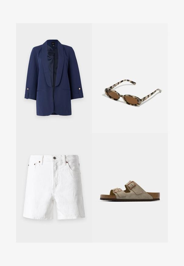 Sacou bleumarin cu rever din satin, mâneci trei sferturi, accente cu nasturi aurii și buzunare laterale. Textură netedă și croială ajustată.; Top alb fără mâneci, cu decolteu pătrat, textură netedă și design ajustat. Fabricat dintr-un material ușor.; Sorturi din denim alb cu un design clasic, stil cu cinci buzunare, accente cu butoane din cupru și un finisaj de țesătură ușor texturat.; Sandale bej din suede cu două curele reglabile, prezentând accente din cupru și o talpă din plută pentru confort, așezate pe o talpă exterioară texturată.; Ochelari de soare cu model țestoasă, cu lentile ovale, nuanță marron și laterale subțiri cu model. Material din plastic ușor, cu accente aurii subtile.; Geantă din piele împletită, de culoare maronie, cu un mâner curbat, noduros și închidere cu fermoar. Textură netedă și formă rotundă.