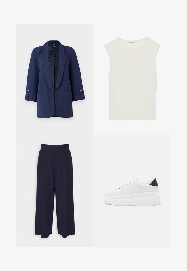 Jūrinis švarkas su satino apykakle, trijų ketvirčių rankovėmis, auksiniais mygtukais ir šoniniais kišenėmis. Lygus paviršius ir pritaikytas siluetas.; Balta be rankovių palaidinė su apvaliu kaklu. Pagaminta iš lygios medžiagos, ji turi laisvą siluetą ir minimalistinį dizainą. Be raštų ar akcentų.; Plati kojinės tamsiai mėlynos spalvos audiniu su vagelėmis. Turi lygų juosmenį ir laisvą siluetą, kuris siekia iki pusės blauzdos.; Balti platforminiai sportbačiai, pagaminti iš lygios sintetinio audinio, su apvaliu pirštu, raištelių užsegimu ir tekstūruota guma padanga. Juodas kulno akcentas.