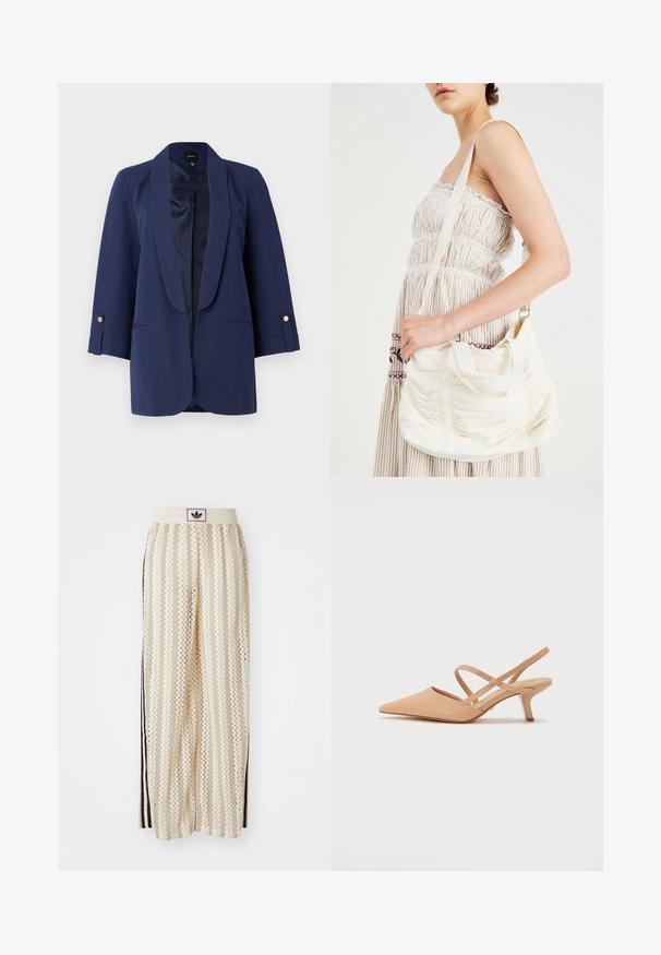 Námořnický blazer s saténovými klopami, tříčtvrtečními rukávy, zlatými knoflíkovými detaily a bočními kapsami. Hladká textura a přiléhavý střih.; Bílý bavlněný tričko s krátkými rukávy a kulatým výstřihem. Má černé logo Adidas na hrudi a kontrastní černý vnitřní límeček.; Krémové široké kalhoty s cikcak vzorem, s černým logem na pásu a černými pruhy po stranách. Lehčí, texturovaná tkanina.; Sandal s jemným podpatkem v tělové barvě s špičatou špičkou a minimem pásků, vyrobený ze hladkého materiálu, s podpatkem o výšce 5 cm.; Bílá textilní taška přes rameno se shromážděnou texturou, nastavitelným popruhem a stříbrným kováním. Vyložená vedle krémových šatů.