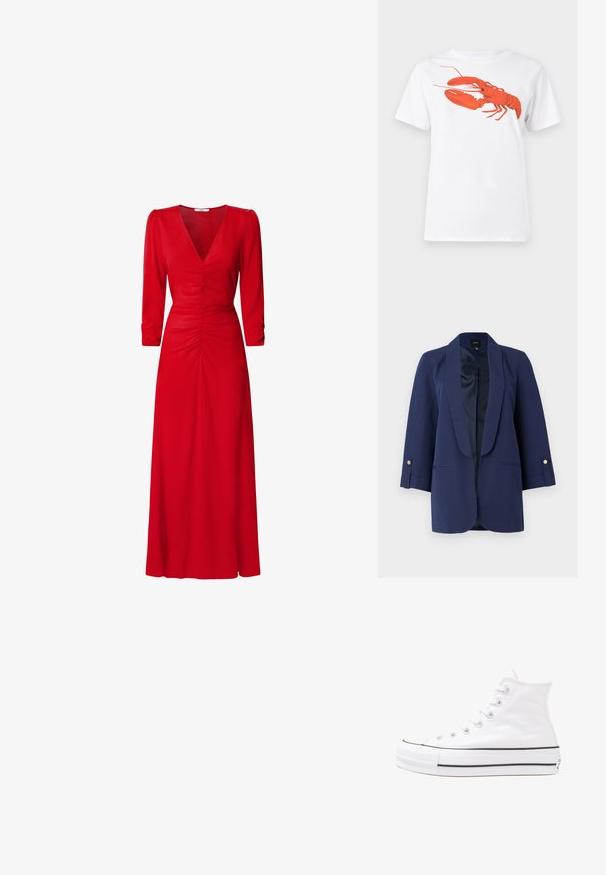 Blazer azul-marinho com lapela de cetim, mangas até ao cotovelo, detalhes em botões dourados e bolsos laterais. Textura suave e corte ajustado.; Camiseta de algodão branca com um grande gráfico de lagosta vermelha brilhante na frente. Mangas curtas e design de gola redonda padrão.; Vestido vermelho com decote em V, mangas até o cotovelo e detalhes drapeados na cintura e nas costas. O tecido parece suave e leve.; Sapatilha alta de tela branca com sola de borracha preta, bico de borracha na frente e seis ilhós para os atacadores, apresentando um design limpo e minimalista.
