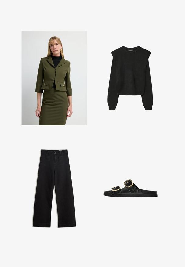 Olivgrüne taillierte Jacke mit Dreiviertelärmeln, Knopfleiste, Brusttaschen und Peplumsaum, getragen über einem schwarzen Rollkragenpullover.; Schwarzer, langärmeliger, gestrickter Pullover mit gepolsterten Schultern sowie gerippten Bündchen und Saum, dargestellt vor einem weißen Hintergrund.; Schwarze weit geschnittene Jeans mit hoher Taille, ausgestattet mit Vorder- und Hintertaschen, gesteppten Nähten und einem Knopfverschluss. Glatte Textur.; Schwarze Riemensandale mit zwei goldenen Schnallendetails, glattem Material, flachem Sohlen und minimalistischer Gestaltung.