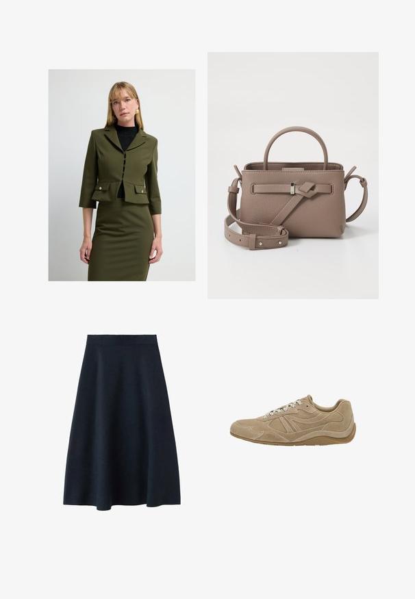 Olijfgroene getailleerde blazer met driekwartmouwen, knopen aan de voorkant, borstzakken en een peplumzoom, gedragen over een zwarte coltrui.; Donkergrijze korte mouwen gebreide trui met een ronde hals, met een losse pasvorm en raglanmouwen, gemaakt van een zachte, gestructureerde stof.; Een donkerblauwe midi-rok van soepel materiaal, met een nauwsluitende tailleband en een uitlopende vorm, zonder zichtbare patronen of versieringen.; Beige suède sneaker met een laag profiel, gestructureerd oppervlak en witte veters. Heeft een gebogen ontwerp en een rubberen zool voor grip.; Taupe leren handtas met textuur, bovenhandvat, verstelbare schouderband en decoratieve knoopdetail op een witte achtergrond.