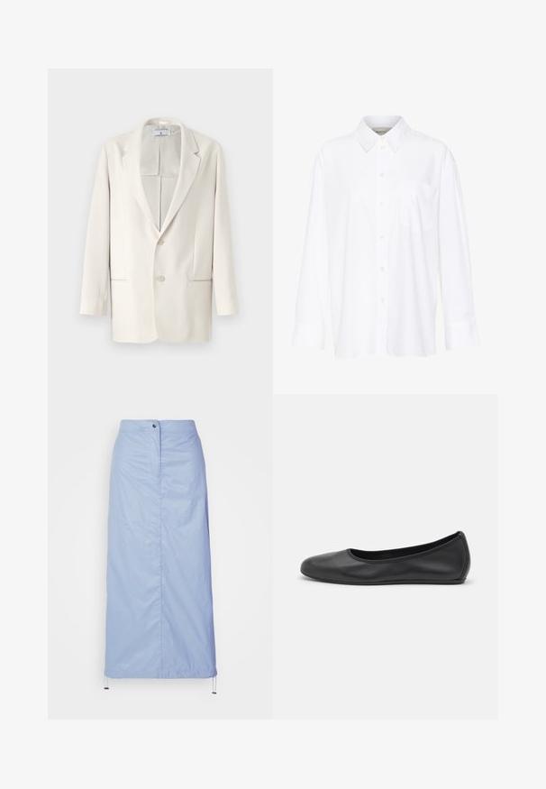 Cremefarvet blazer med notch-krave, to-knaps lukning og sidelommer. Glat tekstur og struktureret design. Ingen mønstre eller detaljer.; Hvid langærmet skjorte med krave lavet af bomuld. Har en knaplukning fortil og en enkelt brystlomme. Glat tekstur, afslappet pasform.; Lyseblå, mellemlang nederdel lavet af glat, let materiale med lige snit, har en frontknaplukning og en justerbar kant.; Sort læderballetsko med rund tå, glat tekstur, minimal syning og et fleksibelt såldesign.