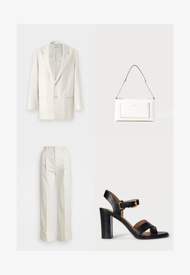 Cream-colored blazer with a notched lapel, two-button closure, and side pockets. Smooth texture and structured design. No patterns or embellishments.; White sleeveless sweater made of smooth cotton, featuring a ribbed hem and a small navy logo on the bottom left. Simple design, no patterns.; White tailored pants featuring a high waist, double front pleats, and wide legs with folded cuffs. Made from a smooth, textured fabric.; Black leather heeled sandals with a cross-over strap design and a buckle closure. Features a chunky heel and smooth texture.; White leather handbag with a textured finish, featuring a gold chain strap and black accents. Includes a front pocket and zipper closure.