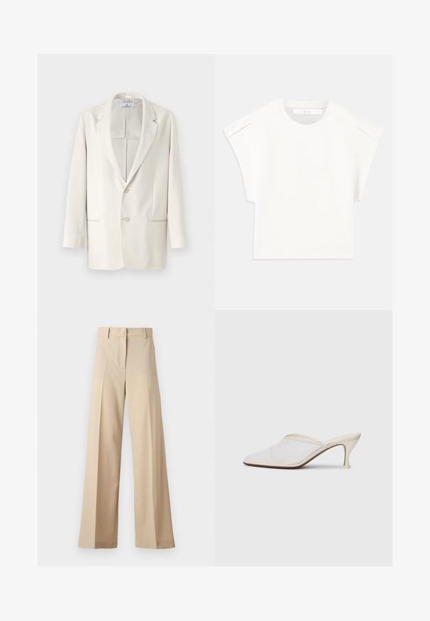 Cream-colored blazer with a notched lapel, two-button closure, and side pockets. Smooth texture and structured design. No patterns or embellishments.; White boxy t-shirt with short sleeves. Made from smooth fabric, featuring a round neckline and subtle shoulder accents. Simple design.; Beige wide-leg trousers made of smooth fabric, featuring a flat front with pleats, a zip fly, and belt loops. Tailored fit overall.; White mesh pointed-toe mule with a slim mid-height heel and slip-on design against a plain background.