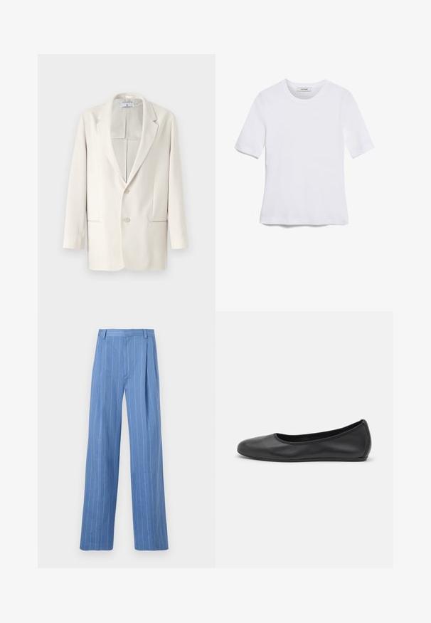 Blazer de color crema con lapel muesca, cierre de dos botones y bolsillos laterales. Textura suave y diseño estructurado. Sin patrones ni adornos.; Camiseta de manga corta blanca hecha de tela de canalé. Cuello redondo, corte regular y detalles de costura sutiles. Sin patrones ni gráficos.; Pantalones de pierna ancha azul claro con rayas verticales blancas. Hechos de un material suave, con un pliegue frontal y un diseño de cinturilla limpia.; Bailarina de piel negra con punta redondeada, textura suave, detalle de costura minimalista y diseño de suela flexible.