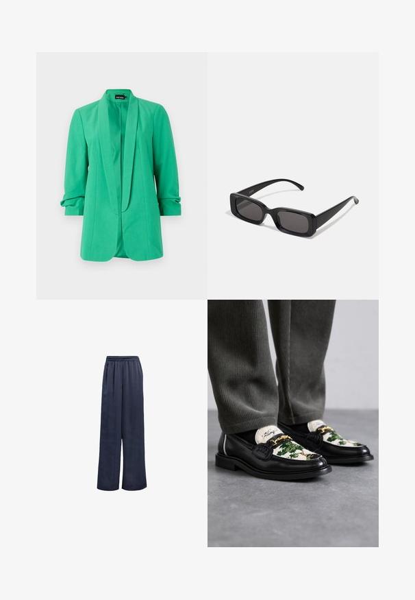 Roheline bleiser siledast kangast, millel on kapuutsikaelus, pikad varrukad rullitud äärtega ja sirge lõikega disain. Kinnitusi ei ole nähtaval.; Valge puuvillane top, millel on lihtne disain, ümar kaelus ja must "HUGO" logo keskel. Sile tekstuur.; Tumed laiad püksid, mis on valmistatud siledast kangast, elastse vöökohaga ja ilma nähtava metallist detailita. Omavad vaba lõikega ja täispikkust.; Mustad mustad nahast loaferid, mille ülemine osa on kaunistatud rohelise ja valge kangaga. Omab kuldset ahela aksessuaari ja tekstuurset musta tallaga.; Mustad mustanäolised prillid tumedate läätsedega, läikiv viimistlus, laiad sangad ja massiivne raami disain. Ühe sanga peal on graveeritud brändi nimi.