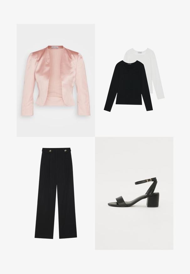 Kerge roosa satiinjakk, millel on kohandatud disain, šaalikaelus, pikad varrukad ja avatud eesmine osa, millel on sile tekstuur ja ilma kinnitusteta.; Kaks pikka varrukatoppi, üks must ja teine valge, mõlemad ruudukujulise kaelusega ja valmistatud pehmest, venivast kangast.; Mustad laiad püksid kõrge vöökoha ja nööpdetailidega vööandil, esikortsudega.; Mustad mustakäpp featuring a sileda nahast ülemine osa, avatud varvas, laiad esistrapid ja reguleeritav pahkluu rihm kuldse pandlaga.