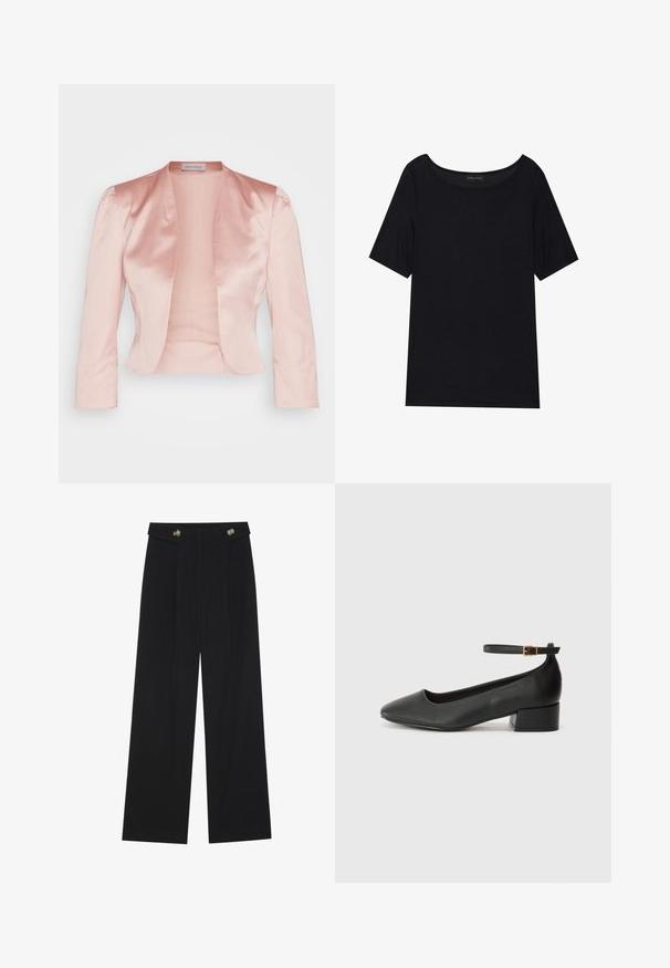 Kerge roosa satiinjakk, millel on kohandatud disain, šaalikaelus, pikad varrukad ja avatud eesmine osa, millel on sile tekstuur ja ilma kinnitusteta.; Must have lühikeste varrukatega must T-särk, millel on avar kaelus. Valmistatud pehmest ja kergest kangast. Lihtne disain, ilma mustrite või lisanditeta.; Mustad laiad püksid kõrge vöökoha ja nööpdetailidega vööandil, esikortsudega.; Must mustaapp, millel on terav nina ja madal blokk-kand. Omab pahkluu rihma koos kuldse tooni pandlaga. Sile tekstuur.