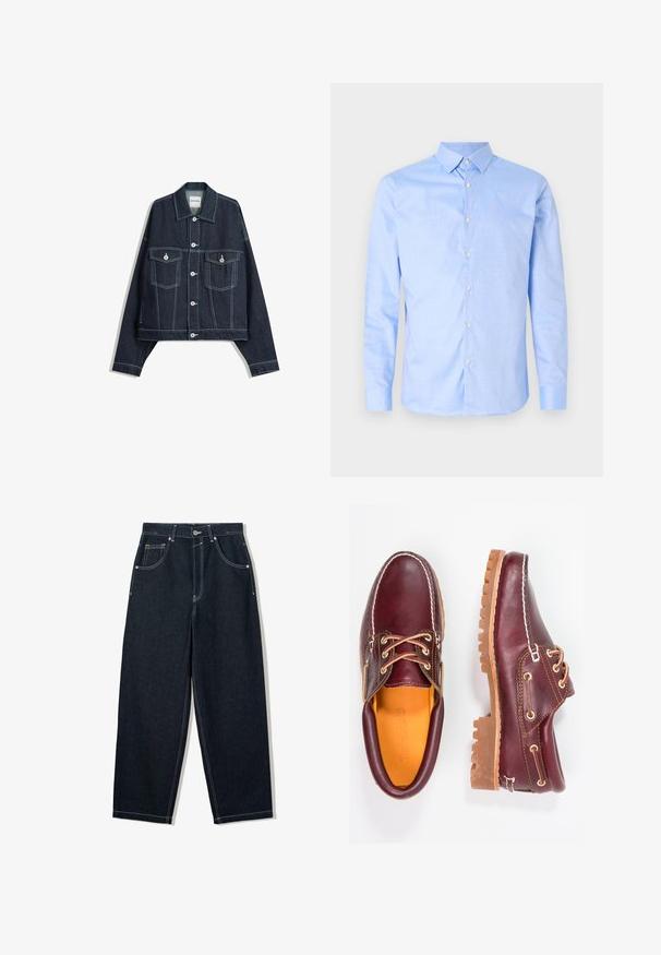 Tummansininen farkkutakki valkoisilla kontrastipistoilla, edessä nappisuljenta, kaksi läpällistä rintataskua ja pitkät hihat.; Vaaleansininen nappikauluspaita, jossa on pitkähihaiset hihat, teräväkauluksinen ja valkoisia nappeja. Sisällä kauluksessa on kuvioitu kangas. Materiaali on sileää.; Laineet lahkeet, tummista denimiä, joissa on kontrastivalkoiset tikkaukset, viisi taskua ja nappisuljenta. Ominaisuutena korkea vyötärö.; Burgundin nahkakengät ruskeilla kumipohjilla, pyöreällä kärjellä, valkoisella ompelulla ja kultaisilla nauha-aukkoilla. Sisäpuolella on keltainen vuori.