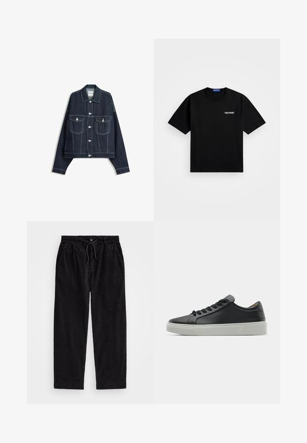 Temno modra kavbojka z belimi kontrastnimi šivi, z zapiranjem na gumbe spredaj, dvema žepoma na prsih s poklopcem ter dolgimi rokavi.; Črna bombažna majica s krožnim izrezom in kratkimi rokavi. Na levi strani prsnega dela je belo logo "POLO SPORT". Standardna velikost.; Črne kord pants z udobnim krojem, ki imajo elastičen pas z vrvico in stranske žepke. Tkanina prikazuje rebrasto teksturo.; Črne usnjene teniske z gladko teksturo, okroglo konico in črnimi vezalkami. Imajo debel bel gumijast podplat s subtilnimi geometrijskimi poudarki.