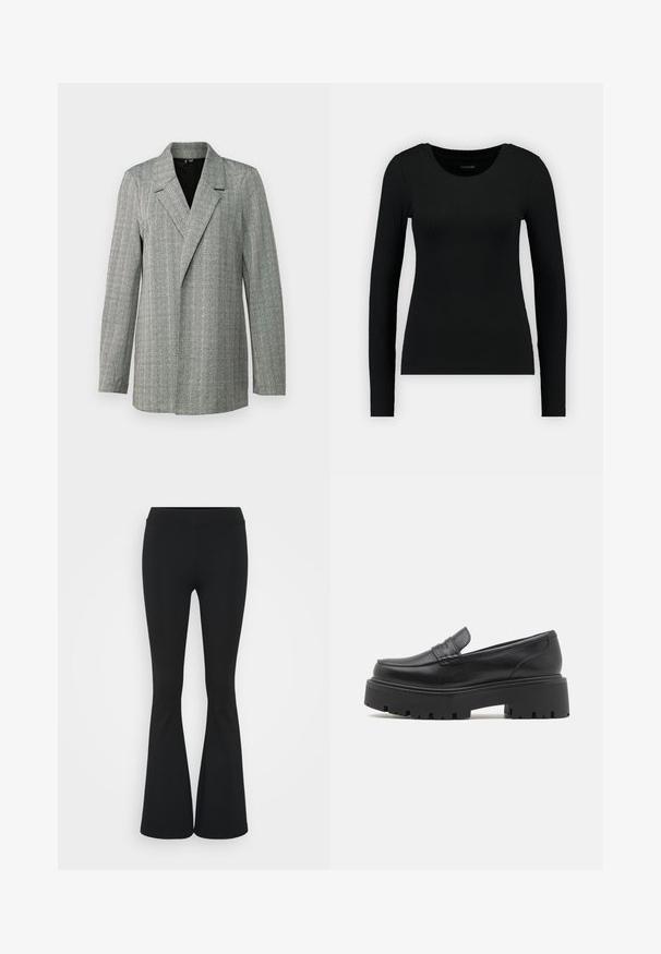 Sivý houndstooth blazer s špicatým klopom, jednostranným zapínaním a dlhými rukávmi. Obsahuje textúrovanú tkaninu s jemným leskom.; Čierna dlhá rukávová košela vyrobená z rebrovanej tkaniny. Má okrúhly výstrih a priliehavý strih. Jednoduchý dizajn bez vzorov alebo akcentov.; Čierne rozšírené nohavice vyrobené z elastického materiálu, s vysokým pásom a hladkou textúrou. Nohavice sa rozširujú od kolena.; Čierne kožené mokasíny s nízkou, robustnou gumovou podrážkou, prešívanými detailmi na vrchu a hladkou textúrou.