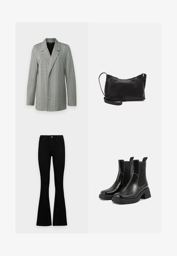 Sivý houndstooth blazer s špicatým klopom, jednostranným zapínaním a dlhými rukávmi. Obsahuje textúrovanú tkaninu s jemným leskom.; Krátke biele tričko vyrobené z bavlny s krátkymi rukávmi, okrúhlym výstrihom a rovnými okrajmi, s hladkou textúrou a minimálnym dizajnom.; Čierne vysoké nohavice s gombíkom a zipsom, predné vrecká a rozšírené nohavice položené na bielom pozadí.; Čierne kožené Chelsea čižmy s robustným podpätkom, elastickými bočnými panelmi a kontrastným bielym prešívaním. Textúrovaný povrch.; Čierna kožená ramenná taška s hladkou textúrou, zakriveným tvarom, nastaviteľným popruhom a zipsom. Minimalistický dizajn bez ozdôb.