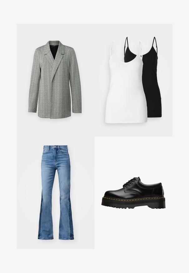 Grey houndstooth blazer with a peak lapel, single-button closure, and long sleeves. Features a textured fabric with slight sheen.; Two women’s tank tops: one white and one black, made of soft fabric, featuring thin straps and a deep V-neck design.; Gap Tall 70S - Flared Jeans - medium indigo; Black leather lace-up shoe with a thick, serrated black rubber sole and yellow stitching along the edge, featuring a smooth finish.