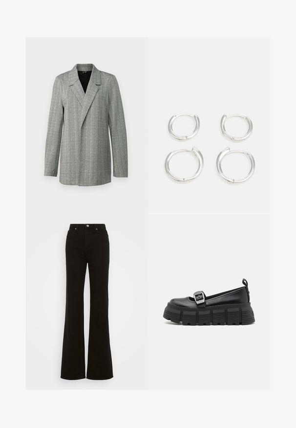 Harmaan houndstooth-bleiseri, jossa on terävä kaulus, yksittäinen nappisulku ja pitkät hihat. Ominaisuuksiin kuuluu tekstuuri, jossa on kevyt kiilto.; Valkoinen hihaton paita, jossa on korkea kaulus. Rinnassa on teksturoitu ribbikuvio ja suora vartalo, mikä luo vartalonmyötäisen siluetin.; Korkeavyötäröiset mustat leveälahkeiset farkut, jotka on valmistettu denimistä. Farkuissa on nappikiinnitys, sivutaskut ja sileä pinta.; Musta korokepohjainen loaferit pyöristetyllä kärjellä, sileä nahkapinta, säädettävä solki ja karkea kumipohja, jossa on vaakasuorat urat.; Hope hopea, joissa on sileä ja kiillotettu pinta. Kaksi paria, joissa on hieman eri koko. Yksinkertainen, pyöreä muotoilu, kevyt.