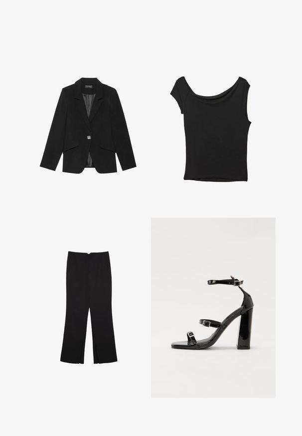 Czarny żakiet z pojedynczym zapięciem na guzik, z klapami typu notch i długimi rękawami. Gładki materiał o dopasowanym kroju oraz boczne kieszenie z klapami.; Czarna bluzka z krótkim rękawem, wykonana z gładkiego materiału; posiada dekolt w stylu drapowanym oraz asymetryczny dół, z dopasowanym krojem.; Czarne spodnie o prostym kroju, z przednimi kieszeniami i bocznymi rozcięciami na dole. Wykonane z miękkiego, gładkiego materiału. Odpowiednie na różne okazje.; Czarne lakierowane sandały na obcasie z kwadratowym noskiem, z paskami wokół kostki i srebrnymi klamrami. Posiadają masywny słupek dla stabilności.